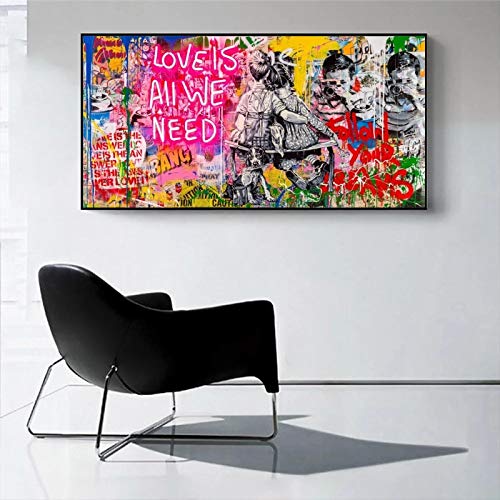 Banksy Art „Love Is All We Need“-Leinwandgemälde an der Wand „Follow Your Dream“-Graffiti-Street-Art-Bilder für die Inneneinrichtung, 100x200cm (39x78 Zoll) mit schwarzem Rahmen von XIANGPEIFBH