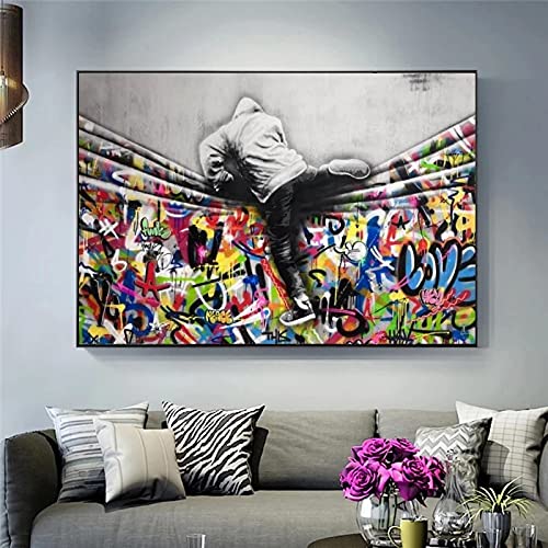 Banksy-Leinwand, abstrakte Graffiti-Kunst, Banksy-Junge, umstürzen, Poster, Wandbilder für Heim- und Küchendekoration, Gemälde, 80 x 140 cm (32 x 55 Zoll) mit Rahmen von XIANGPEIFBH