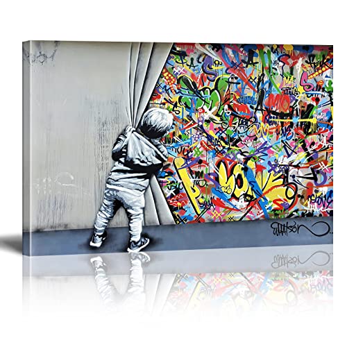 Banksy Leinwand Wandkunst Schwarz und Weiß für Wohnkultur Graffiti Street Art Kreativität Kunstwerk Druck Bilder Fertig zum Aufhängen 80x140cm (32x55in) Mit Rahmen-13 von XIANGPEIFBH