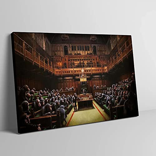 XIANGPEIFBH Banksy Street Art Devolved Parliament Leinwand Wand Poster Und Drucke Affen Treffen Gemälde Tiere Bilder Wohnkultur 80x120cm (32x47inch) Ungerahmt von XIANGPEIFBH