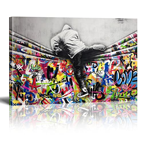 Banksy Style – Behind the Curtain Graffiti Art Pop Street – Leinwandbild, gerahmt, verschiedene Größen, Giclée-Kunstwerk, Heimdekoration, 80 x 140 cm (32 x 55 Zoll) mit Rahmen von XIANGPEIFBH