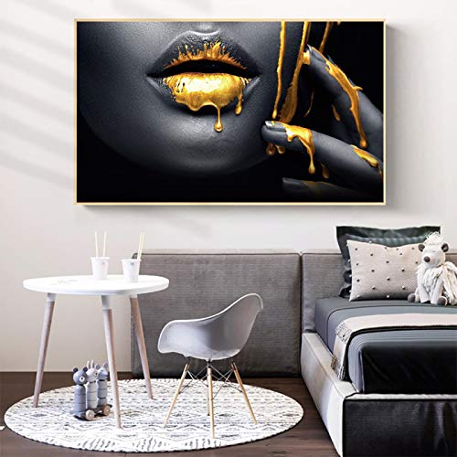 Black Africa Woman Golden Lip Portrait Leinwand Malerei Poster und Drucke Wandkunst Bild für Wohnzimmerdekoration 50x120cm (20''x47'') Innenrahmen von XIANGPEIFBH