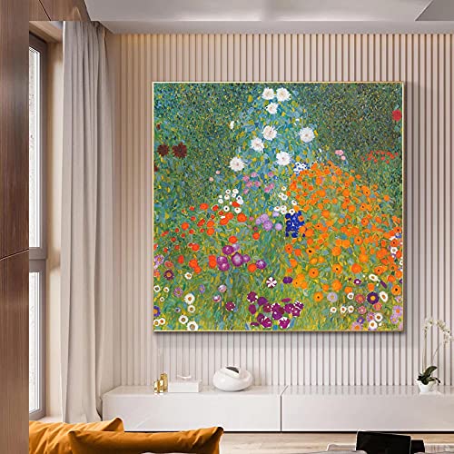 Blumengarten von Gustav Klimt Leinwand Gemälde Berühmte Kunstwerke Poster und Drucke Wandkunst Bild für Wohnzimmer Dekor 70x70cm (28x28in) mit Rahmen von XIANGPEIFBH