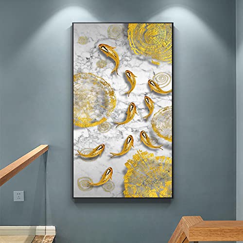 Drucke und Poster Goldener Koi Fisch Mit Jährlichen Ring Gemälden Leinwand Kunst Wandkunst Bild Für Chinesischen Stil Wohnkultur Wandbild 80x160cm(32''x63'') Mit Rahmen von XIANGPEIFBH