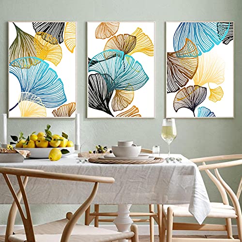 Ginkgo Leaves Line Art Poster Brown Blue Gold Black Wall Art Print Picture Canvas Painting Interior Living Room Decor 50x70cm(20x28in)x3 Unframed von XIANGPEIFBH