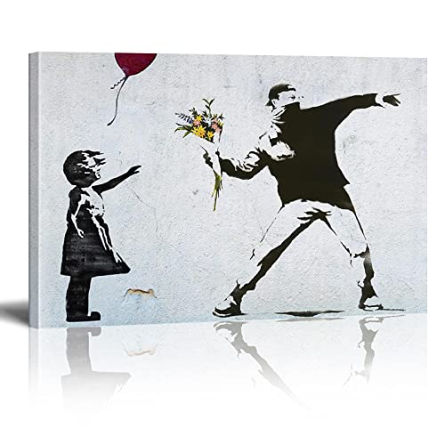 XIANGPEIFBH Großes Kunstwerk für die Wanddekoration, Leinwand-Kunstdruck, Blumenwerfer von Banksy – fertig zum Aufhängen, Leinwand-Gemälde für Heimdekoration, 70 x 100 cm (28 x 43 Zoll) mit Rahmen von XIANGPEIFBH