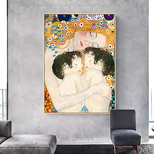 Gustav Klimt Mutter Liebe Zwillinge Baby Nordischer Stil Leinwand Gemälde Poster und Druck Wandkunst Bild Wohnzimmer Dekor 60x90cm(24x35inch) Goldener Rahmen von XIANGPEIFBH