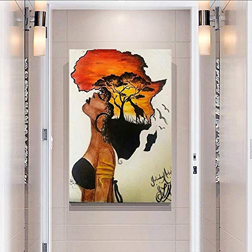 Klassische afrikanische Frau Gemälde an der Wand Abstrakte Afrika-Karte Form Kopf Wandkunst Leinwanddrucke und Poster Wohnkultur 40 x 65 cm (16 x 26 Zoll) ungerahmt von XIANGPEIFBH