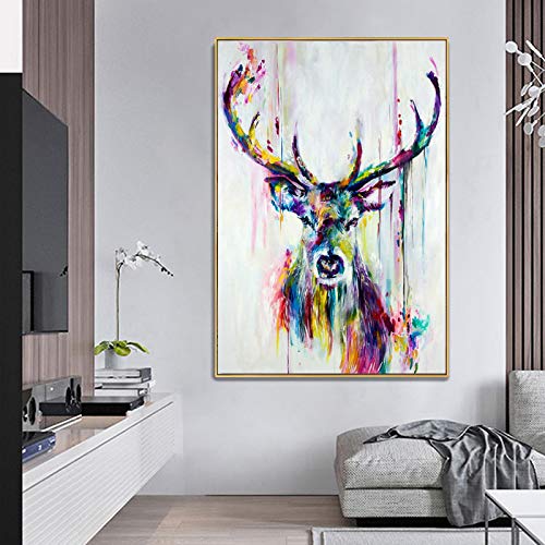 Leinwand Malerei Bunte Hirsch Abstrakte Tier Skandinavische Wandkunst Bilder Drucke und Poster für Wohnzimmer Dekor 80x120cm (32x47inch) Mit Rahmen von XIANGPEIFBH