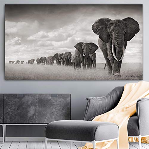 Leinwand Malerei Großformat Schwarz Weiß Afrika Elefanten Tiere Skandinavien Poster Drucke Wandkunst Bilder Wohnzimmer 60x145cm(24''x57'') Innenrahmen von XIANGPEIFBH