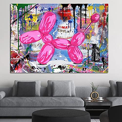 Moderne Cartoon-Rosa-Ballon-Hund-Graffiti-Kunst-Leinwand-Malerei, Wand-Kunstdrucke, Poster für Wohnzimmer, Heimdekoration, Bilder, 50 x 90 cm (20 Zoll x 35 Zoll) Innenrahmen von XIANGPEIFBH