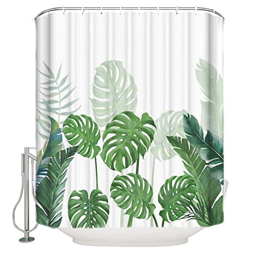 Tropische Pflanzen Monstera Palmblätter Duschvorhang Badezimmervorhang mit 12 Haken Polyester Duschvorhang Baddekor 200x240cm(WxH) von XIANGPEIFBH