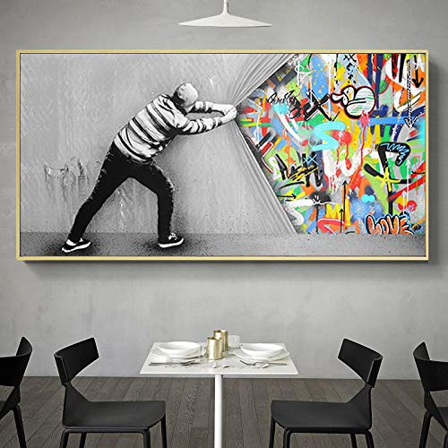 XIANGPEIFBH Abstrakte Graffiti hinter dem Vorhang Street Art Malerei Leinwand Poster und Druckbild für Wohnzimmer Dekor Wandkunst 60x120cm Ungerahmt von XIANGPEIFBH