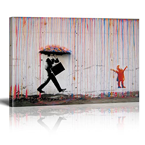 XIANGPEIFBH Banksy Art Walking In The Rain Street Graffiti Wall Art Leinwand Gemälde Poster Drucke an der Wand für Wohnzimmer Dekor 80x130cm(32x51in) mit Rahmen von XIANGPEIFBH