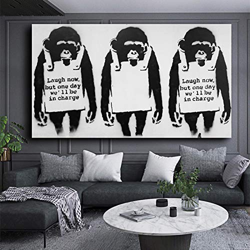 XIANGPEIFBH Banksy Schwarz und Weiß Drei Affen Gorilla Leinwand Malerei Poster und Druck Wandkunst Bild für Wohnzimmer Wohnkultur 80x120 cm (32x47 Zoll) Ungerahmt von XIANGPEIFBH