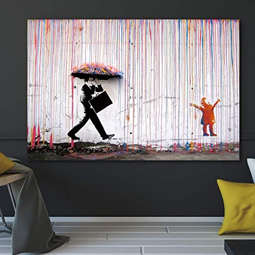 XIANGPEIFBH Banksy Walking In The Rain Street Graffiti-Wandkunst auf Leinwand, Gemälde an der Wand, Poster und Drucke für Wohnzimmerdekoration, 40 x 60 cm (16 x 24 Zoll) Innenrahmen von XIANGPEIFBH