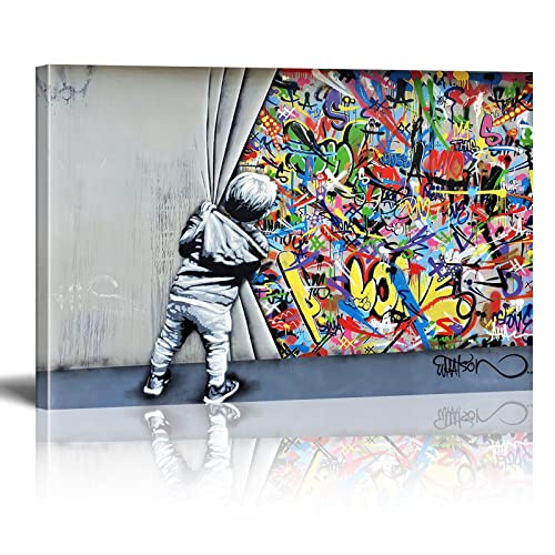 XIANGPEIFBH Banksy kleiner Junge zieht Vorhang, um Graffiti zu enthüllen, Leinwandbild, Kunstdruck, Kunstwerk, abstrakte Malerei, moderne Wohnkultur, 50 x 90 cm, Innenrahmen von XIANGPEIFBH