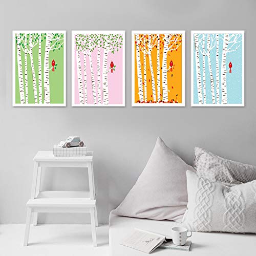 XIANGPEIFBH Frühling Sommer Herbst Winter Saisonale Änderung Poster Leinwand Malerei Brich Tree Red Bird Print Kinderzimmer Wand Büro Dekor 50x70cmx4pcs Ungerahmt von XIANGPEIFBH