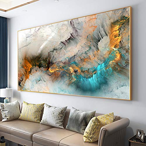 XIANGPEIFBH Giclée-Kunstwerk Abstrakt Hellgrau Gold Blau Bunte Wolke Poster Drucke Leinwand Gemälde Druck Wandkunst Wohnzimmer Dekor 80x160cm(32x63inch) mit goldenem Rahmen von XIANGPEIFBH