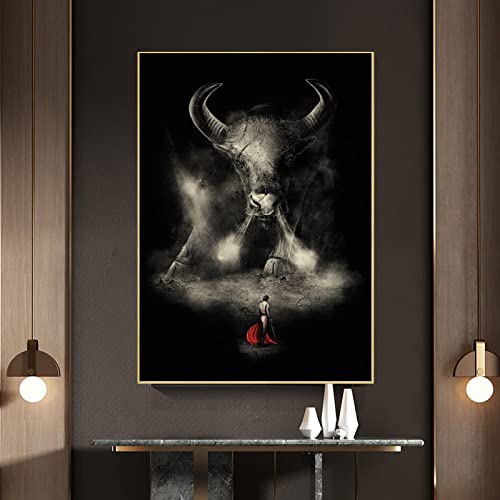 Leinwand Malerei Spanischer Stierkampf Wandkunst Stier Tier Poster Druck Wandbild für Wohnzimmer Innen Wohnkultur 40x60cm (16x24inch) Mit Rahmen von XIANGPEIFBH