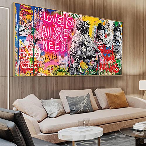 XIANGPEIFBH Love Is All We Need Graffiti-Kunstgemälde, Druck auf Leinwand, Kunstposter und Drucke, Street-Art-Wandbild, Heimdekoration, 90x180cm (35x71 Zoll) mit schwarzem Rahmen von XIANGPEIFBH