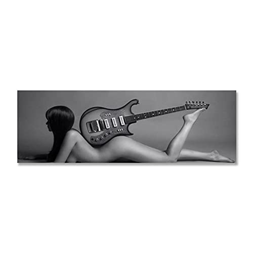 XIANGPEIFBH Poster Und Drucke Graue Frau Mit Gitarre Wandkunst Leinwand Malerei Modernes Mädchen Bild Für Wohnzimmer Dekor Kunstwerk 40x120cm (16''x47'') Innenrahmen von XIANGPEIFBH