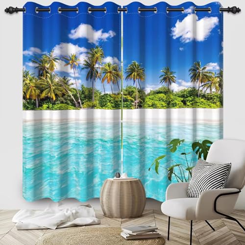 XIANGPEIFBH Stück Strandvorhänge, 95% Verdunkelung, Ozean, Tropische Landschaft, Sonnenuntergang, Meer, Druckmuster, Fenster für Schlafzimmer, Wohnzimmer, Arbeitszimmer 168(W) x(H) 137cmx2pcs von XIANGPEIFBH
