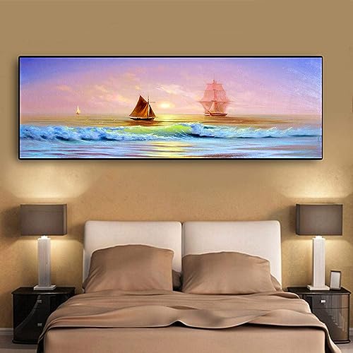 XIANGPEIFBH Wandmalerei Landschaft Poster und Druck Wandkunst Leinwand Malerei Ozean Schiff Bilder für Wohnzimmer Home Decor (mit Goldrahmen, 40x120cm(16"x47")) von XIANGPEIFBH