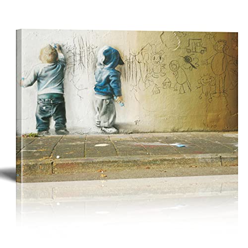 XIANGPEIFBH Zwei Kinder Banksy Graffiti Street Art Decor – Leinwand Wandkunst gerahmte Leinwanddrucke Heimkunstwerk fertig zum Aufhängen für Wohnzimmer Schlafzimmer Dekor 70x120cm(27x47in) mit Rahmen von XIANGPEIFBH