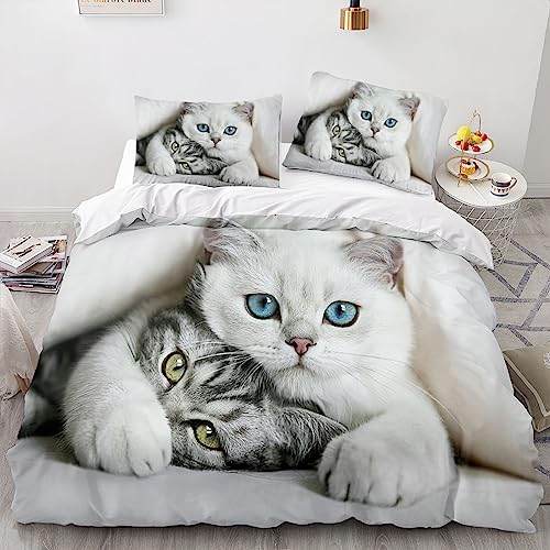 Bettwäsche 135x200 WeißE Katze Bettwäsche-Sets Weiche Atmungsaktiv Mikrofaser Tier Bettbezug mit Reißverschluss und 2 Kissenbezüge 80x80 für Kinder Geeignet von XIANGXIANG