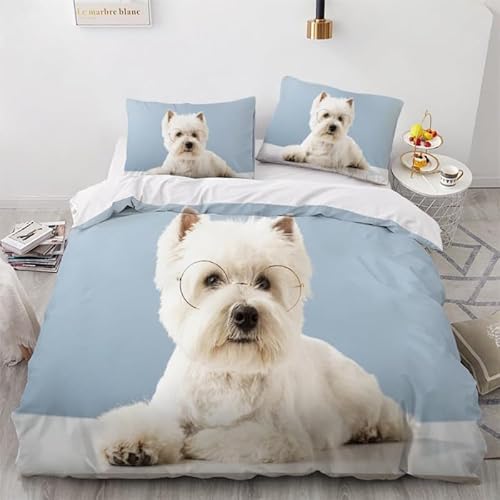 Bettwäsche 135x200 West Highland White Terrier Bettwäsche-Sets Hund Bettbezug Weiche Atmungsaktiv Mikrofaser mit Reißverschluss und 2 Kissenbezüge 80x80 für Kinder Geeignet von XIANGXIANG