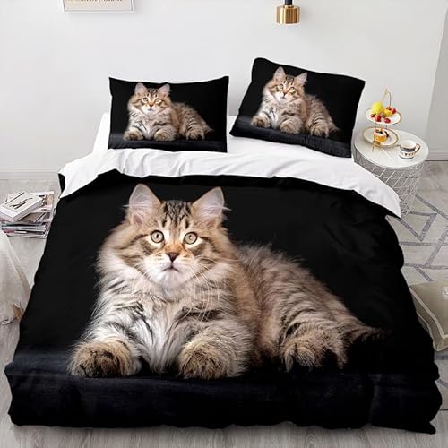 Bettwäsche 200x200 Sibirische Katze Bettwäsche-Sets Schwarz Bettbezug Weiche Atmungsaktiv Mikrofaser mit Reißverschluss und 2 Kissenbezüge 80x80 für Erwachsene Geeignet von XIANGXIANG