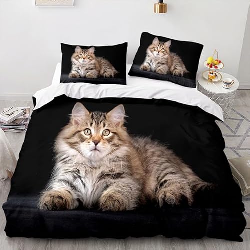 Bettwäsche 220x200 Sibirische Katze Bettwäsche-Sets Schwarz Bettbezug Weiche Atmungsaktiv Mikrofaser mit Reißverschluss und 2 Kissenbezüge 80x80 für Erwachsene Geeignet von XIANGXIANG