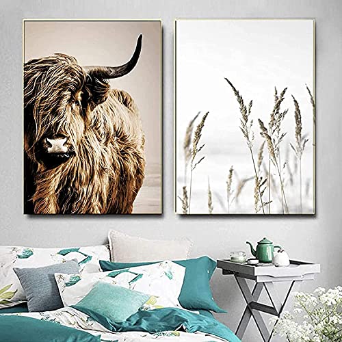 XIANGY Schottisches Highland Kuh Leinwand Malerei Weizen Pflanze Hochlandrind Schwarz Weiß Poster Kunstdruck Bild Wand Wohnzimmer Schlafzimmer Dekor ohne Rahmen (2X50x70cm) von XIANGY