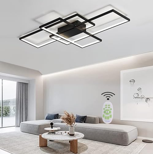 LED Deckenleuchte Moderne Wohnzimmerlampen Deckenlampe Wohnzimmer Dimmbar mit Fernbedienung, 80W Rechteckig Design Pendelleuchte für Schlafzimmer Esszimmer Flur Küche Decke Lampe (Schwarz, L110cm) von XIANHE