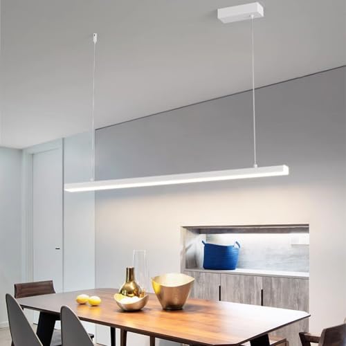LED Hängelampe Esstischlampe Dimmbare Pendelleuchte mit Fernbedienung, Esszimmerlampe 48W Moderne Linear Design Höhenverstellbar Hängeleuchte für Wohnzimmer Esszimmer Esstisch Lampe (Weiß, 100cm) von XIANHE