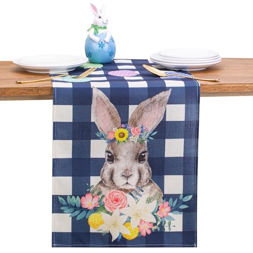 XIANNVXI Kaninchen Tischläufer Ostern Tischläufer Hase Osterdeko Blau Weiß Kariert Easter Ostereier Tischläufer Abwaschbar Leinen Tischdecken für Esstisch 33x183cm von XIANNVXI