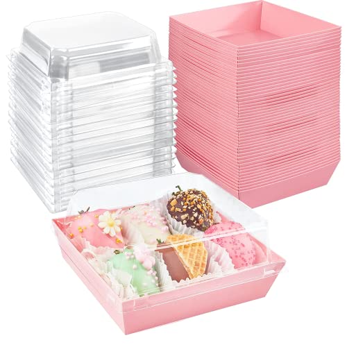 XIAOHONG 50 Stück Charcuterie Boxen mit transparentem Deckel, 12,7 cm rosa quadratische Einweg-To-Go-Bäckerei-Boxen mit Fenstern, Dessert-Boxen für Bäckerei, Macaron, Kekse, Mini-Kuchen und Erdbeeren von XIAOHONG