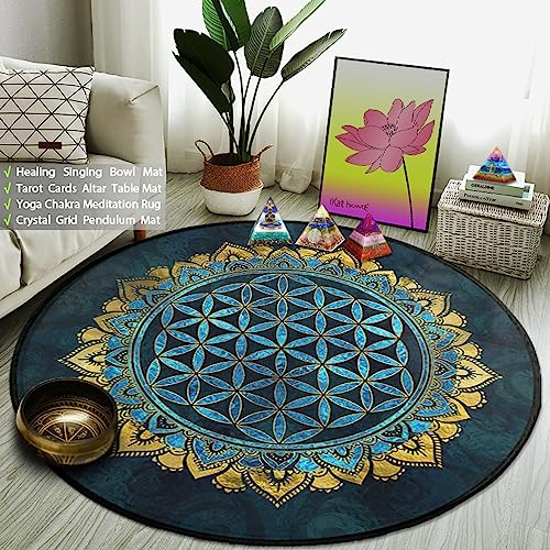 XIAOHUKK Mandala Blume des Lebens, runder Teppich, Wohnzimmer, Sofatischkissen, weicher Schwamm, Schlafzimmer, Nachttischteppich, Badezimmerdekorationsteppich von XIAOHUKK