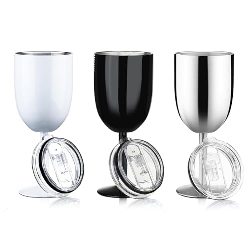 XIAOJUN Edelstahl Weingläser mit Stiel und Deckel, Doppelwandig Isoliert, Bruchsicher, 300 ml, 3er Pack von XIAOJUN