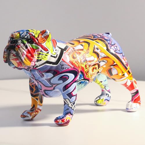 XIAOMAGG FranzöSische Bulldoggen Statue, Modernes Zuhause Kreative Graffiti Farbe Kunstharz Kunststatue Trendiges Dekoratives Geschenk (Stil C) von XIAOMAGG