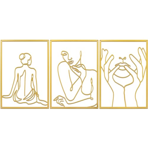XIAOMAGG Set mit 3/4 Metall-Wandkunst-Dekor, Schwarz/Gold, Metall-Wandkunst, einzeilige Kunst, Malerei, einfache abstrakte moderne Badezimmer-Dekoration (Gold, Charaktere - 3 Stück) von XIAOMAGG