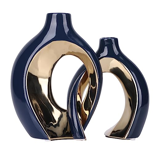 XIAOMAGG Keramik Vase, 2er Set blau+Gold Vase Für Pampasgras, vasen deko, Vase Mit Loch Nordic Ring Form Moderne Wohnkultur für Haus Büro Deko Dekoration(Blaues Gold) von XIAOMAGG