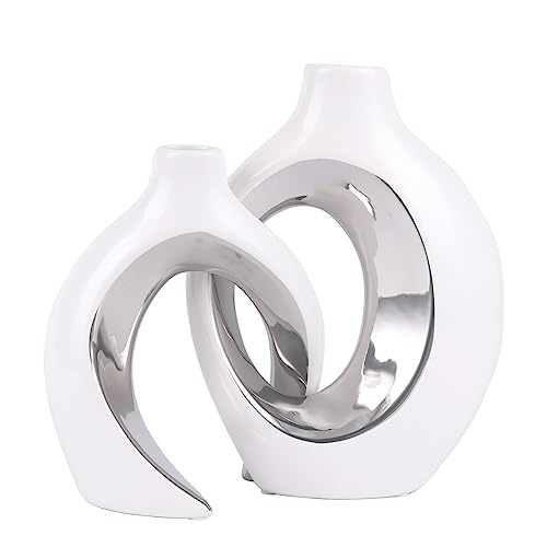 XIAOMAGG Keramik Vase，2er Set Hohle Weiße Moderne Vasen für Nordisches, Vasen Deko, ästhetische Boho Blumenvase für Zuhause, Wohnzimmer, Büro, Bauernhaus (Weiß eingelegtes Silber) von XIAOMAGG