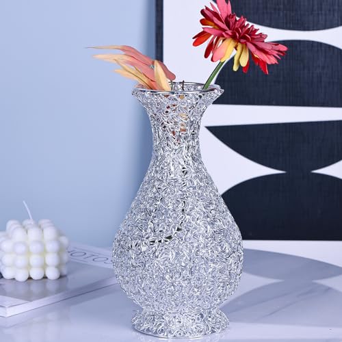 XIAOMAGG Neue Kreative Metallvase, 26 cm große goldene Vase，Blumenvase aus Metall in Messing Gebürstet (Silber/Groß) von XIAOMAGG