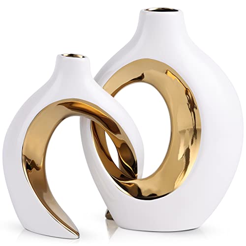 XIAOMAGG Keramik Vase，2er Set Hohle Weiße Moderne Vasen für Nordisches, Vasen Deko, ästhetische Boho Blumenvase für Zuhause, Wohnzimmer, Büro, Bauernhaus, Couchtisch Dekoration (Weißes Gold) von XIAOMAGG