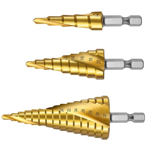3 PCS spiral groove step drill set, HSS Titan Kegelbohrer, sechseckiger Schaft, 4-12/20/32mm Holzbearbeitung und Metallbohrwerkzeuge 3 PCS spiral groove step drill set, HSS Titan Kegelbohrer, sechseckiger Schaft, 4-12/20/32mm Holzbearbeitung und Metallbohrwerkzeuge von XIAOMAOMAO