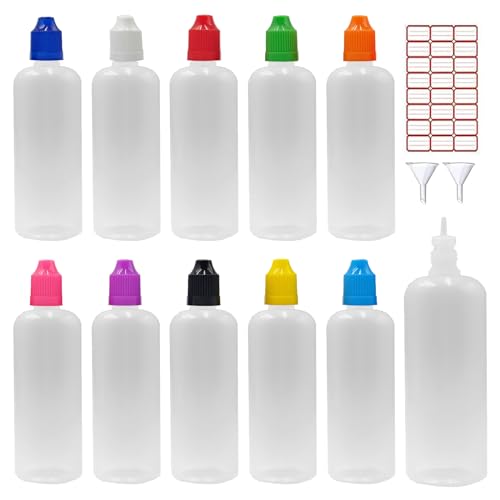 XIAONAN 10 x 100ml Leerflaschen Liquidflaschen Plastikflaschen Dropper Kunststoff Dosierflasche Tropfflaschen + 2 Trichter (Flaschen + Gemischte Kappen + Spitzen + Trichter + Leere Etiketten) von XIAONAN