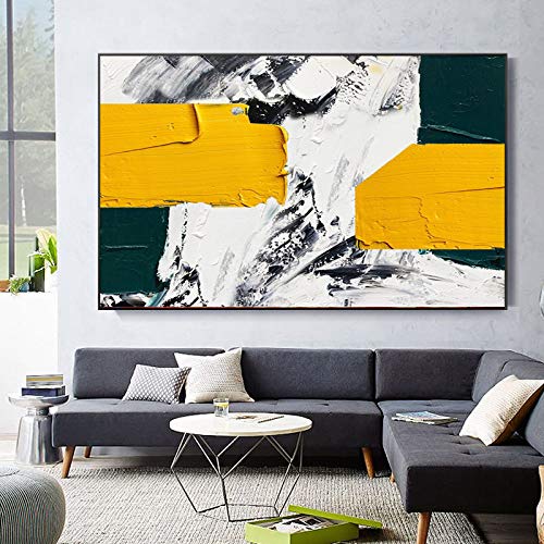 XIAONI Handgemalte Acryl Gemälde Auf Leinwand,Nordischer Minimalismus Gelb Abstrakt Farbblock Schwarz Weiß Handbemalte Horizontale Hintergrundwandkunst Für Wohnzimmer Schlafzimmer Wohnkultur, 60X12 von XIAONI