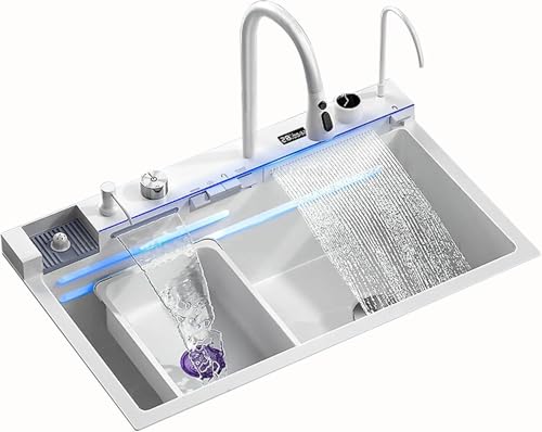 Cascade Küchenspüle mit integriertem Wasserhahn, doppelter Wasserauslass, weiße Nano-Spüle, modernes Design for den privaten und gewerblichen Gebrauch(75 * 45cm) von XIAOYIWIN